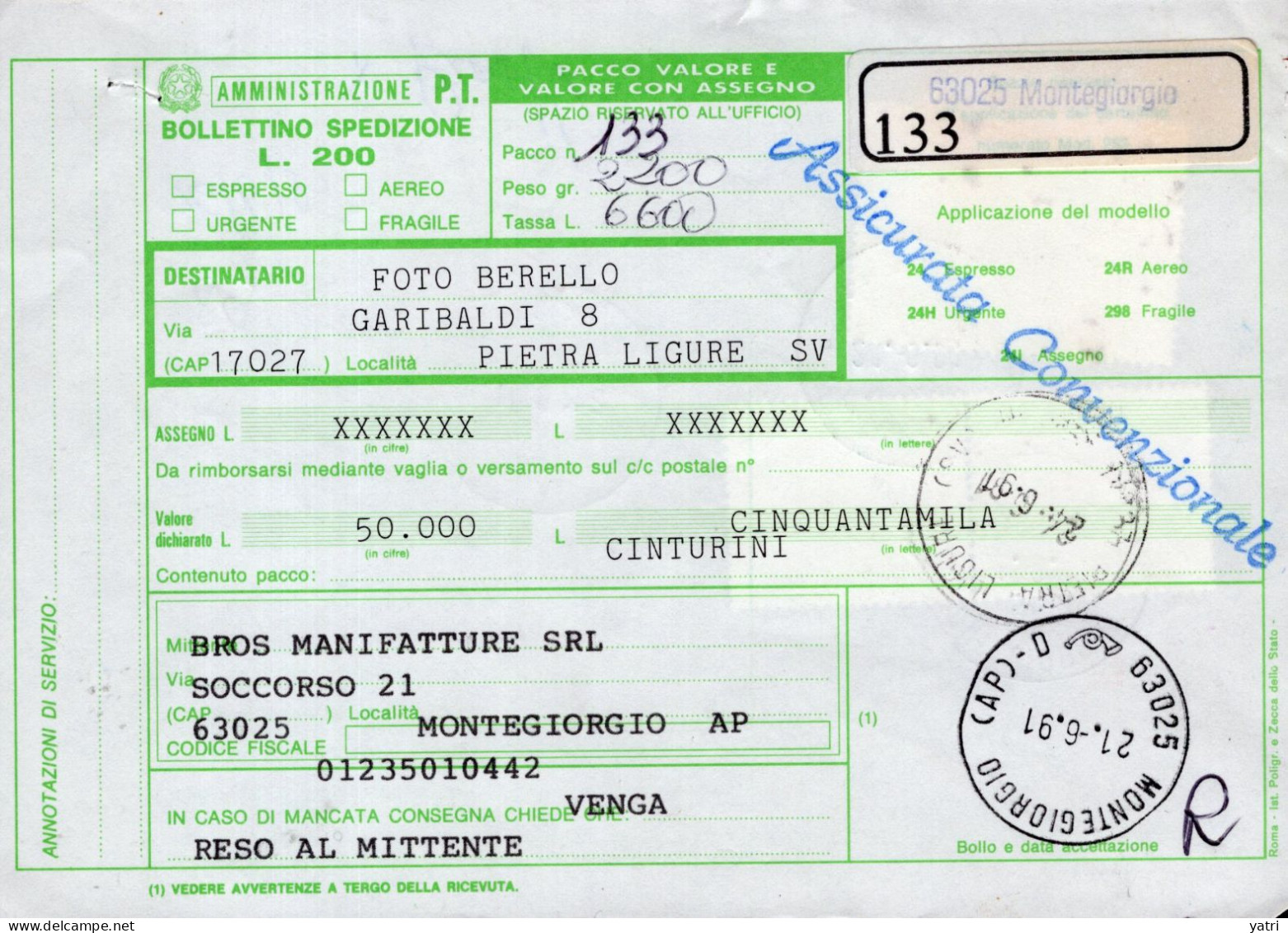 Italia (1991) - Bollettino Pacchi Assicurato Contrassegno Da Montegiorgio Per Pietra Ligure (cinturini) - Postal Parcels