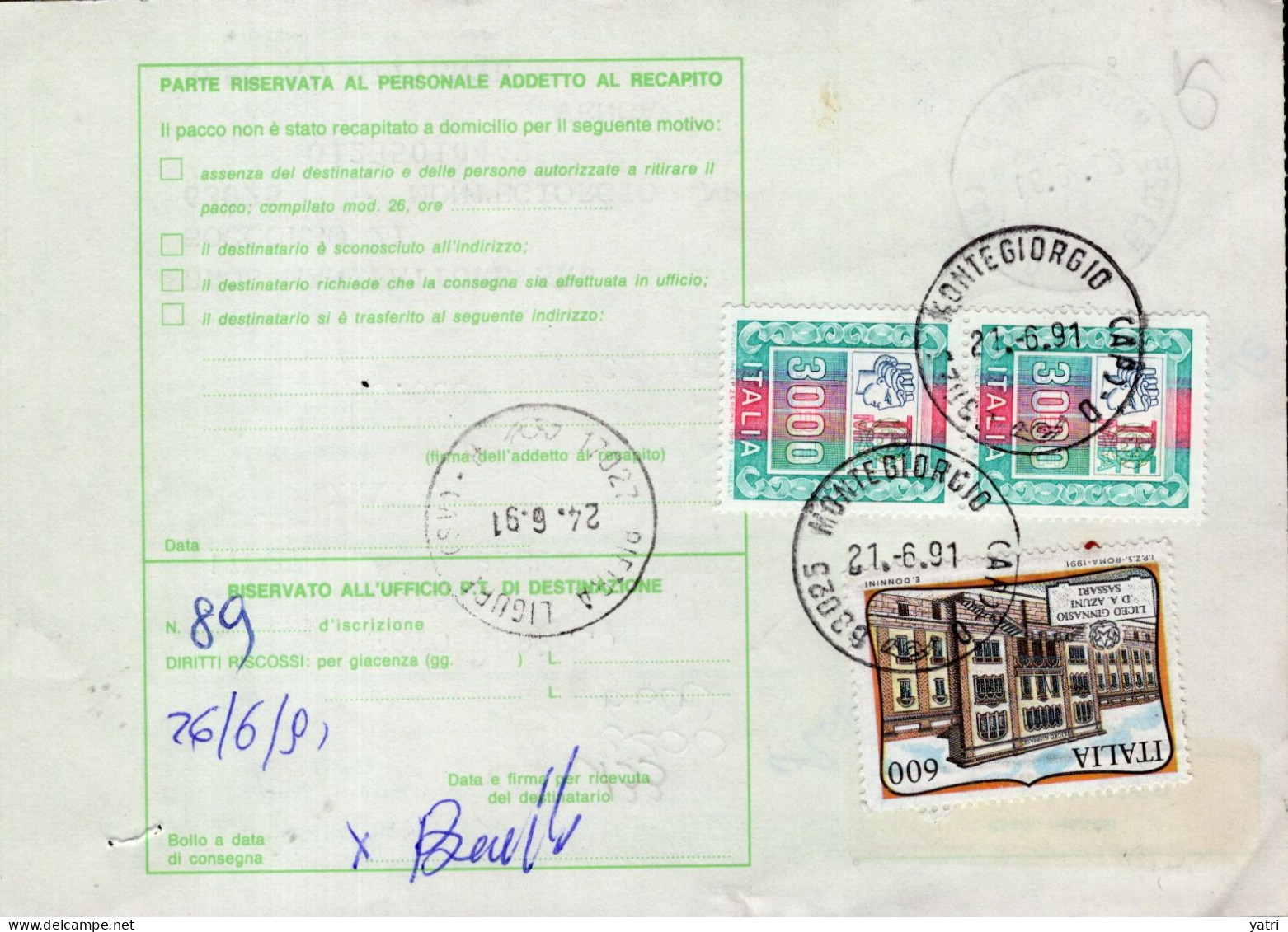 Italia (1991) - Bollettino Pacchi Assicurato Contrassegno Da Montegiorgio Per Pietra Ligure (cinturini) - Colis-postaux