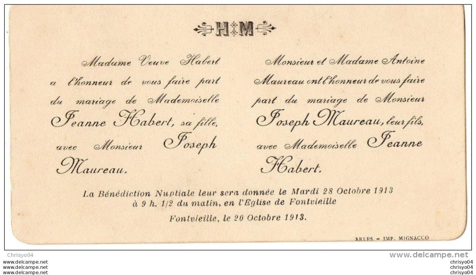 55Vol   Carte Carton D'invitation à Un Mariage à Fontvieille En 1913 - Wedding