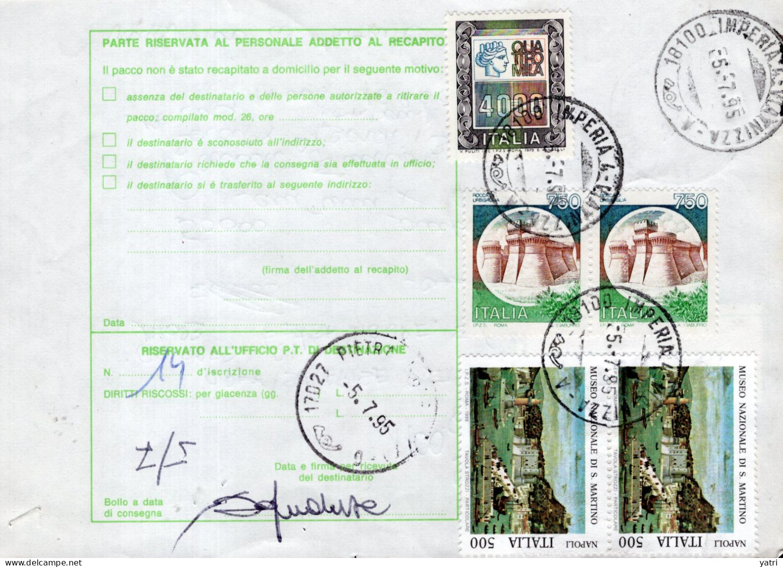 Italia (1995) - Bollettino Pacchi Assicurato Contrassegno Da Imperia Per Pietra Ligure (cinturini) - Paketmarken