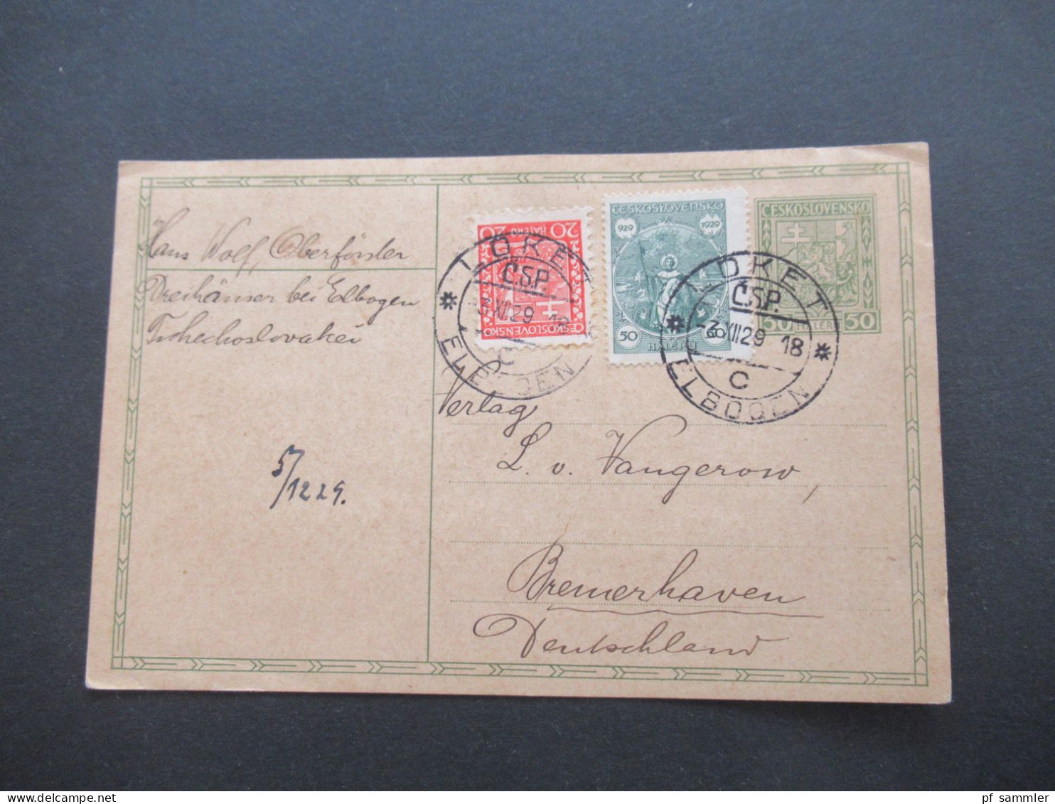 Tschechoslowakei CSR Ganzsache Mit 2x Zusatzfrankatur  Stempel Loket CSP Elbogen / Sudetenland Nach Bremerhaven - Lettres & Documents