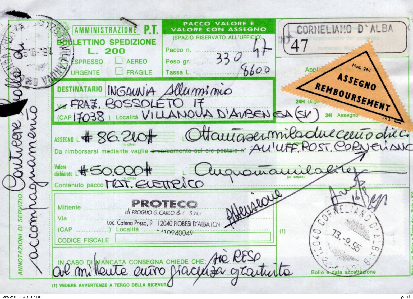 Italia (1995) - Bollettino Pacchi Assicurato Contrassegno Da Villanova D'Albenga (SV) Per Piobesi D'Alba (mat. Elettr.) - Postal Parcels