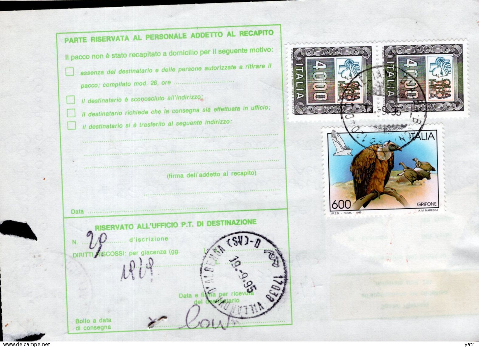 Italia (1995) - Bollettino Pacchi Assicurato Contrassegno Da Villanova D'Albenga (SV) Per Piobesi D'Alba (mat. Elettr.) - Postpaketten