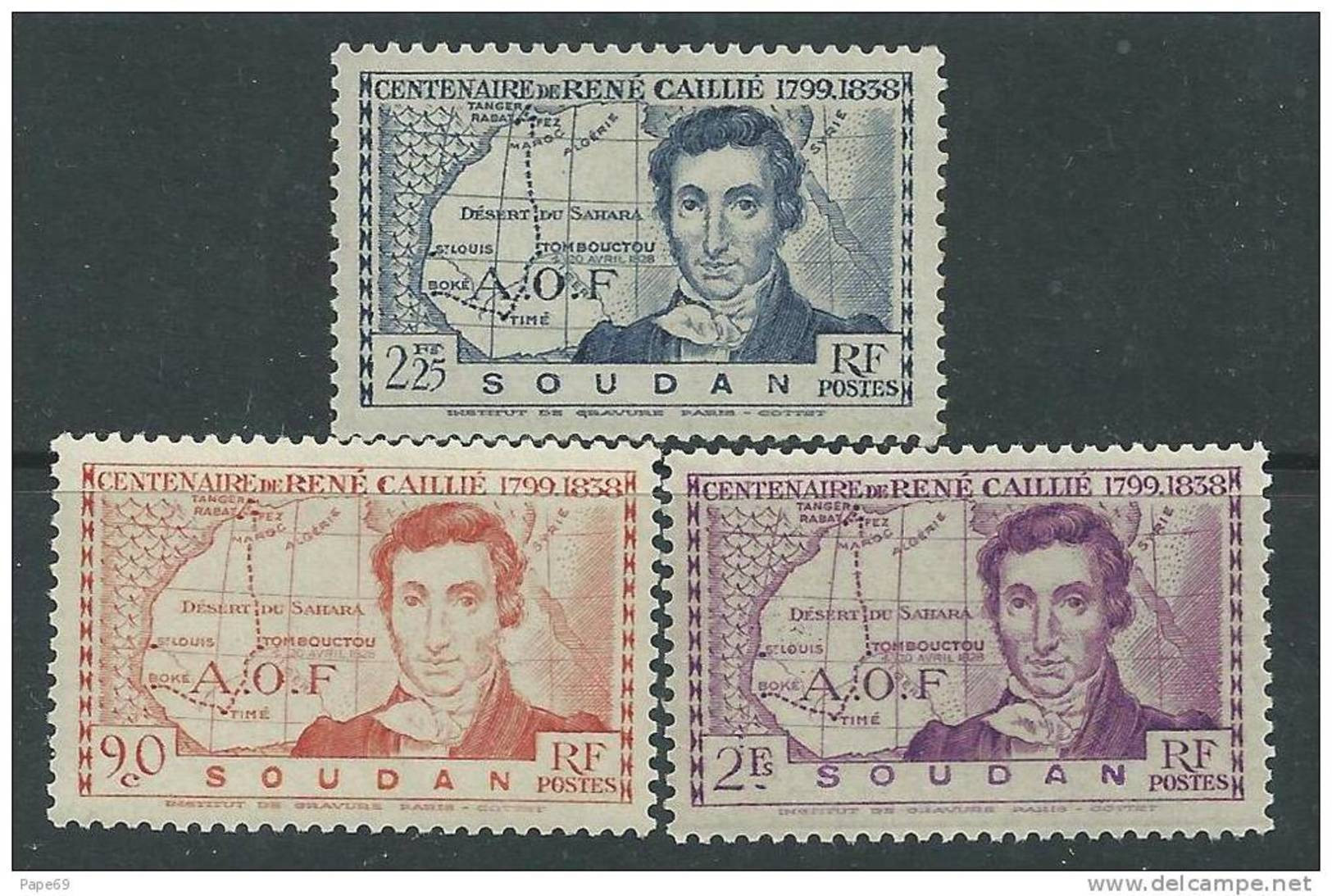 Soudan N° 100 / 02 XX Centenaire De La Mort De René Caillié, La Série Des 3  Valeurs Sans Charnière (gomme Brillante) TB - Unused Stamps