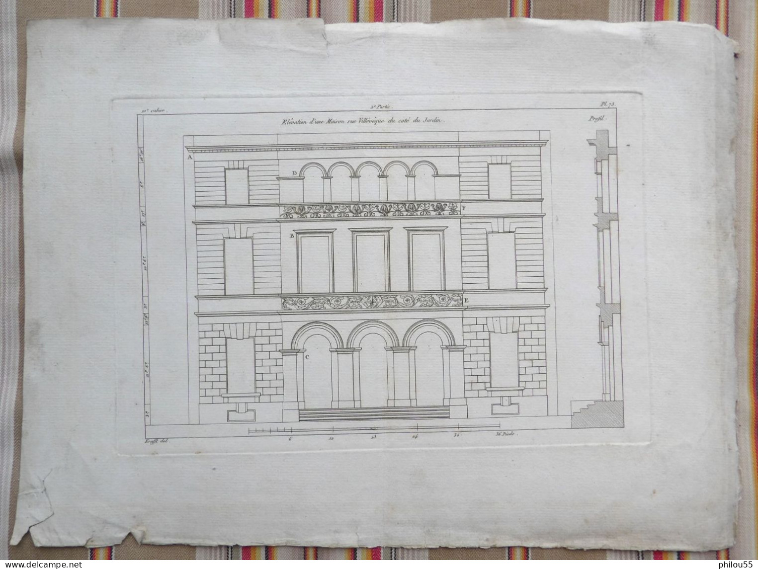 GRAVURE Krafft Del. 19eme Plan Maison Rue Villévèque Cote Jardin - Architecture