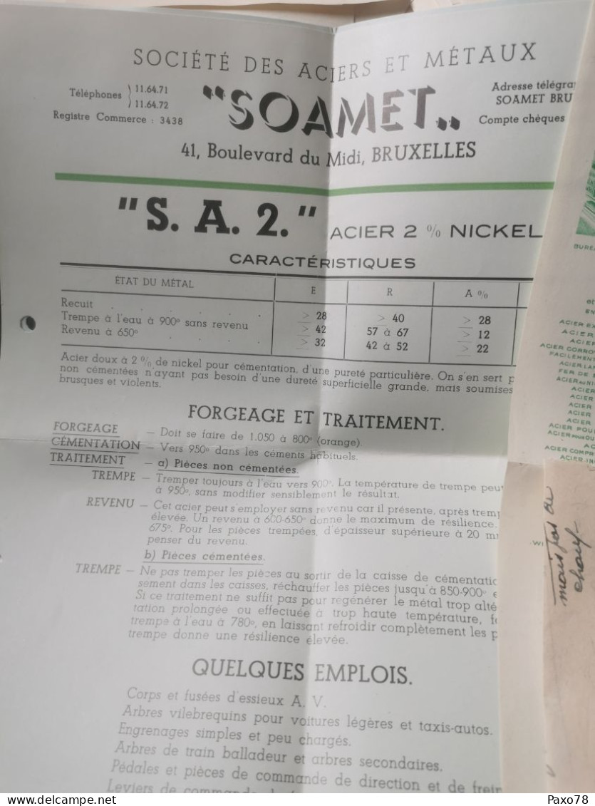 Enveloppe + Documents, Société Des Aciers Et Métaux, Soamet. Bruxelles 1952 - Cartas & Documentos