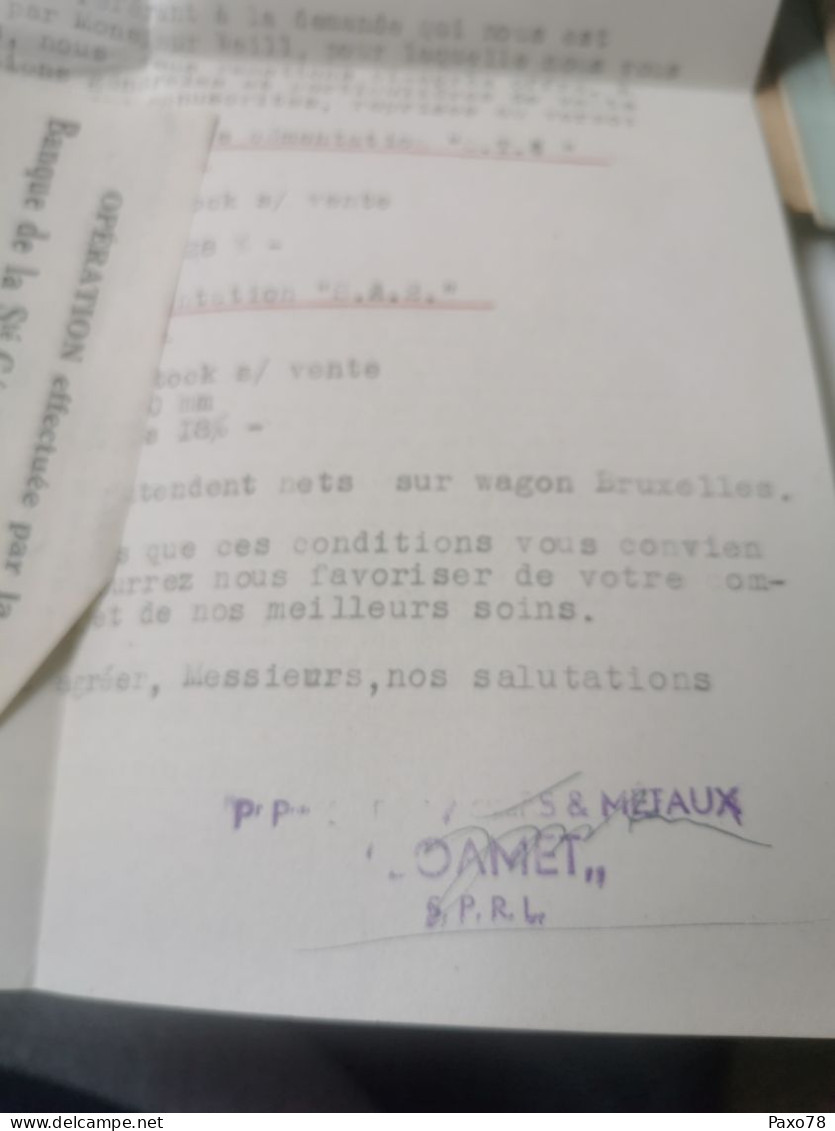 Enveloppe + Documents, Société Des Aciers Et Métaux, Soamet. Bruxelles 1952 - Lettres & Documents
