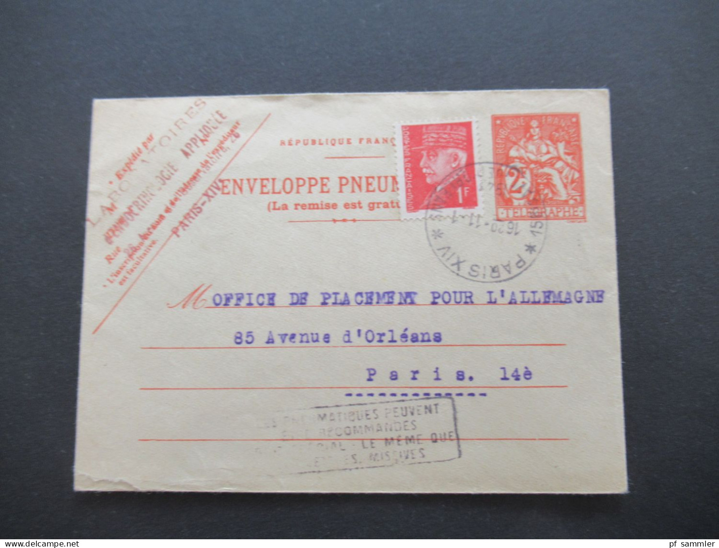 Frankreich Rohrpostumschlag RU 14 Verwendet 1943 Envelope Pneumatique / Mit Inhalt 4x Bon De Solidarité 1 Franc Notgeld - Rohrpost