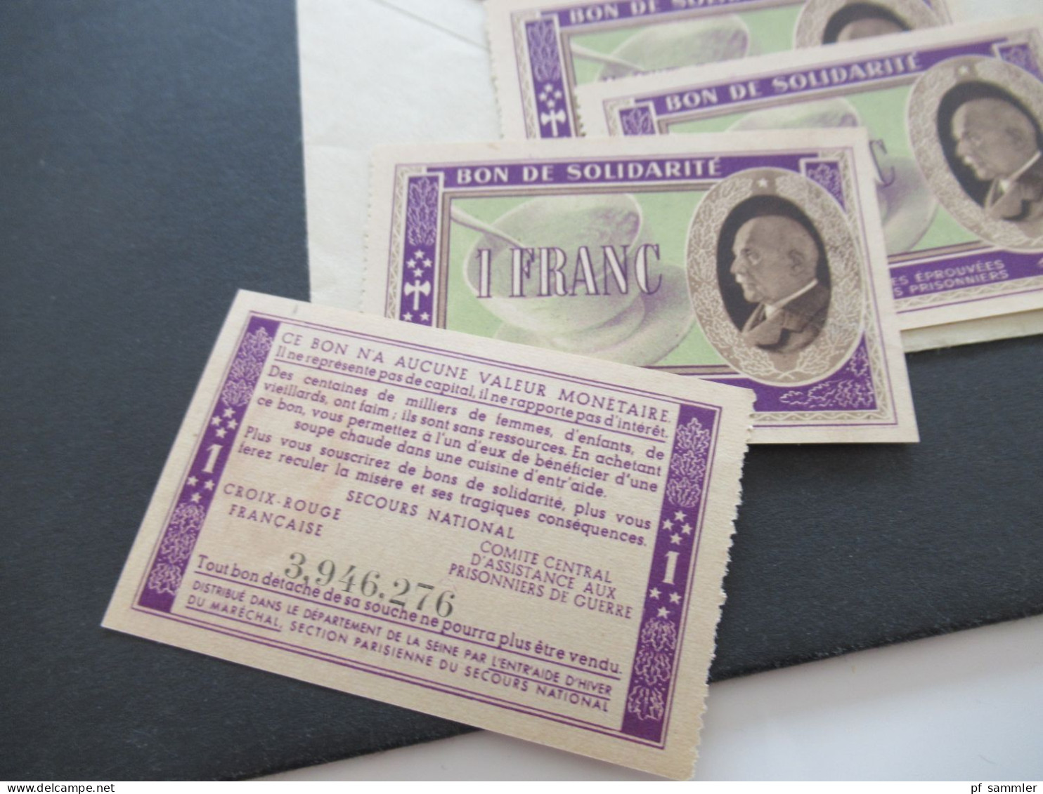 Frankreich Rohrpostumschlag RU 14 verwendet 1943 Envelope Pneumatique / mit Inhalt 4x Bon De Solidarité 1 Franc Notgeld