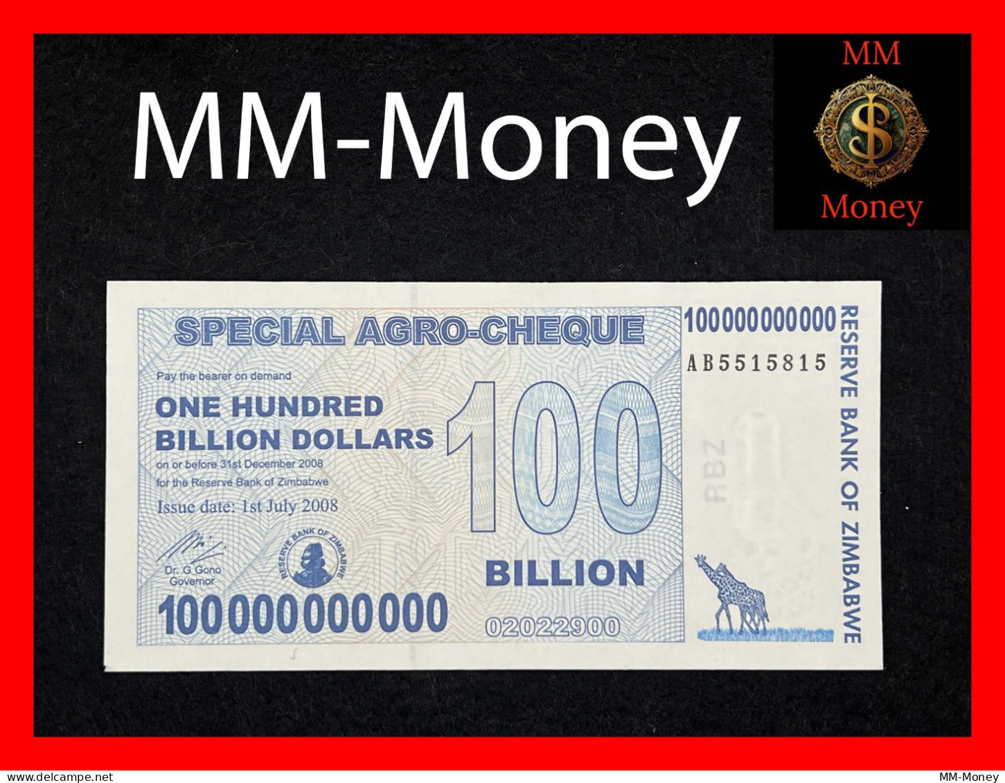 ZIMBABWE  100 Billion $  1.7.2008   P. 64  "agro Cheque"    UNC - Simbabwe