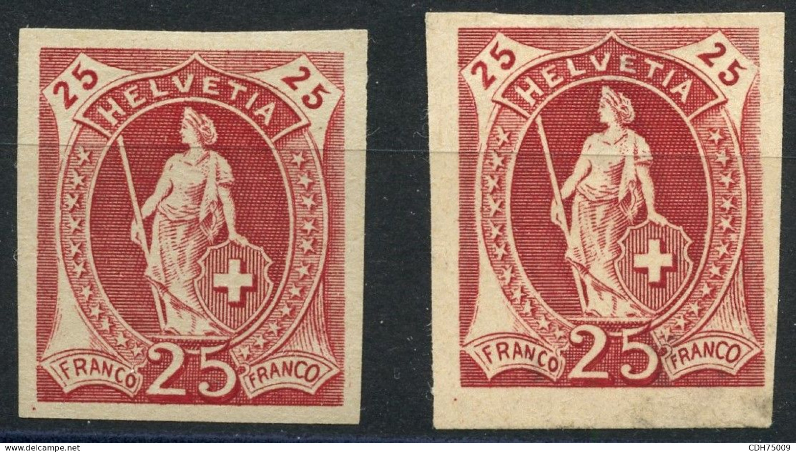 SUISSE - HELVETIA DEBOUT 25C ROUGE - 2 EPREUVES SUR PAPIER MOYEN (*)  - CERTIFICAT - Unused Stamps