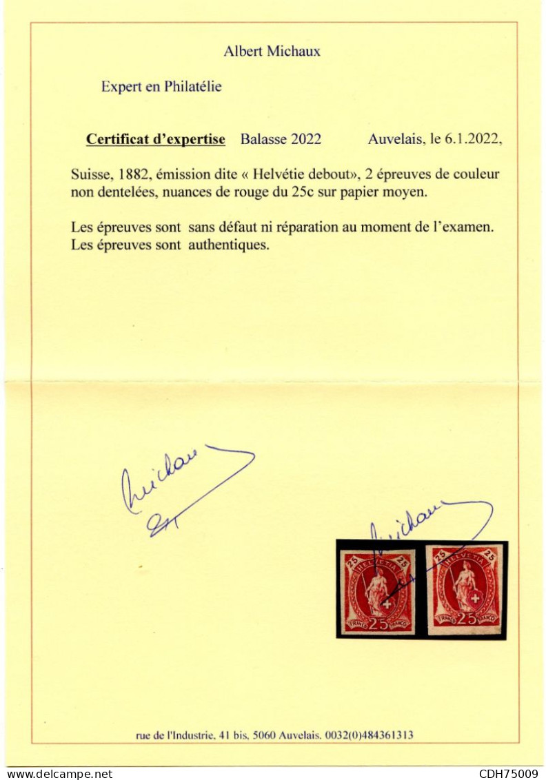 SUISSE - HELVETIA DEBOUT 25C ROUGE - 2 EPREUVES SUR PAPIER MOYEN (*)  - CERTIFICAT - Ongebruikt