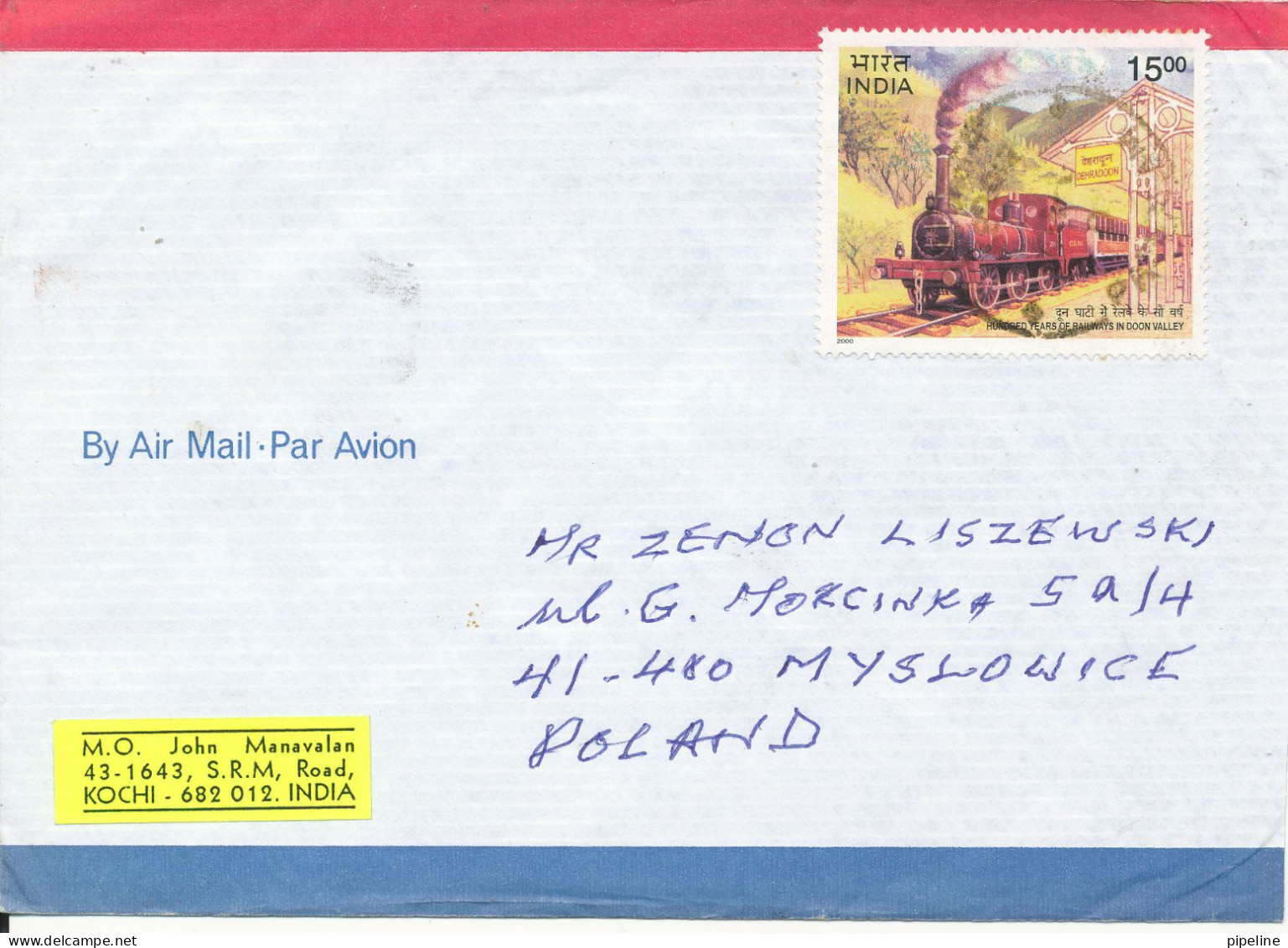 India Air Mail Cover Sent To Poland Single Franked Train - Airmail