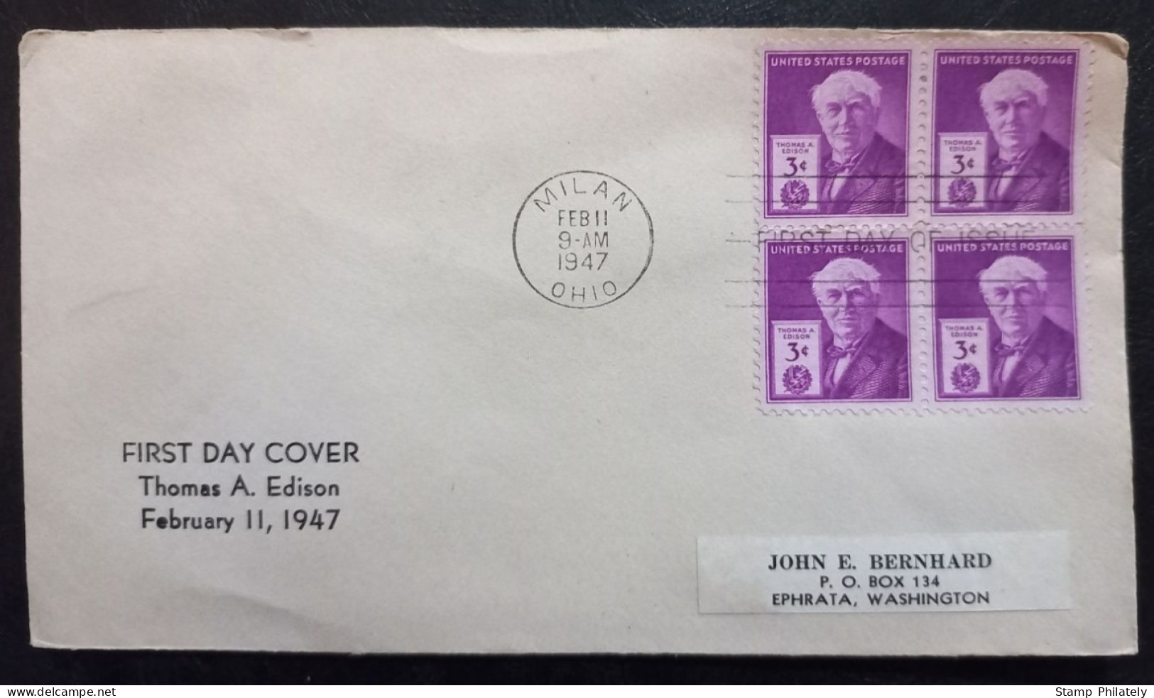 United States Edison FDC Milan Ohio Cancel 1947 Block Of Four Stamp - 1941-1950