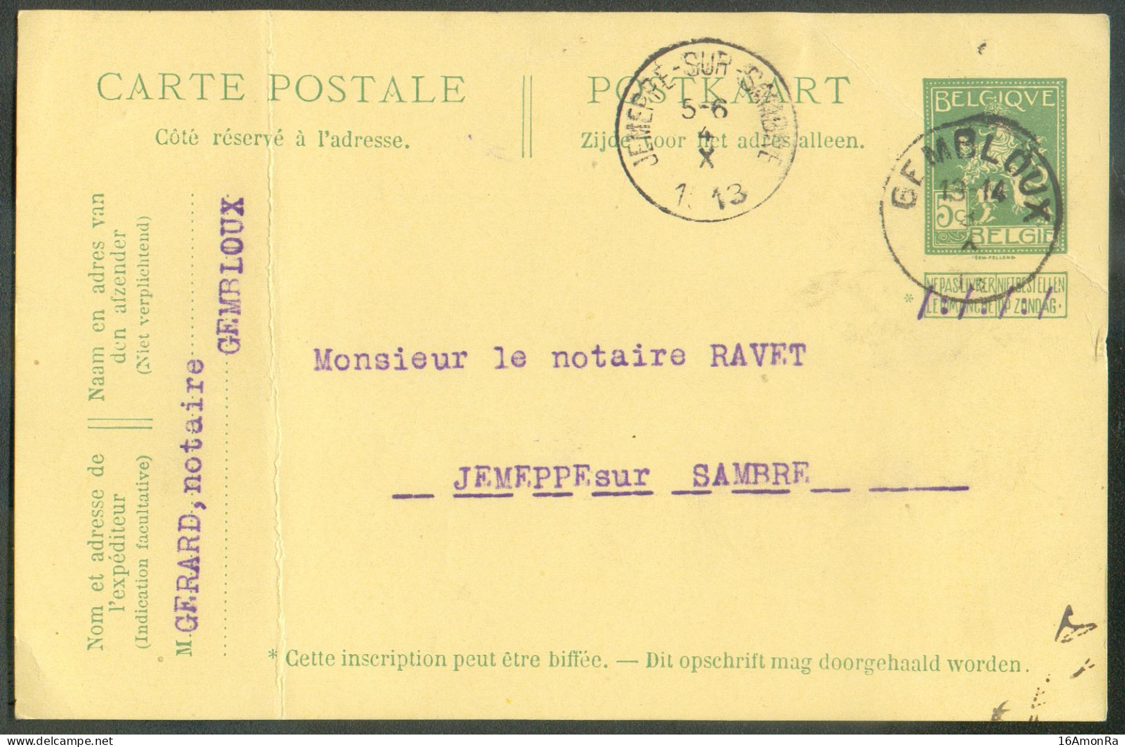 EP Carte 5 Cent. PELLENS Obl. Sc GEMBLOUX 4-X-1913 Vers Jemeppe-sur-Sambre - 21913 - 1912 Pellens