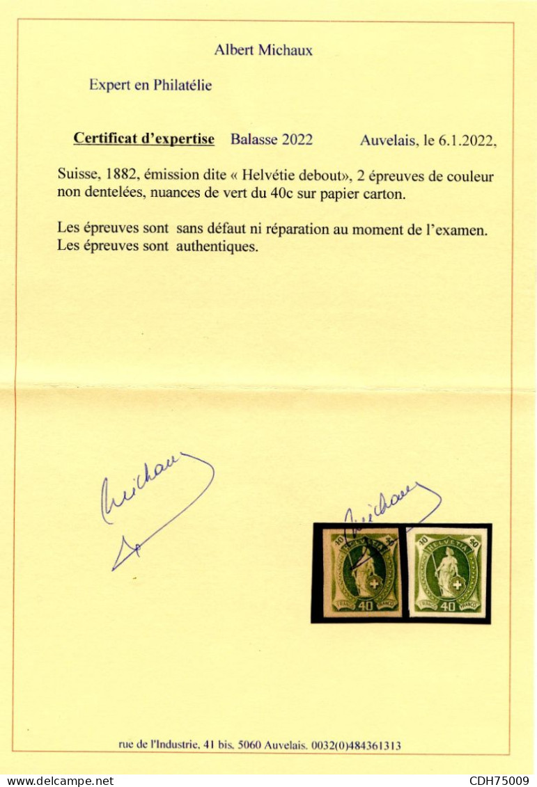 SUISSE - HELVETIA DEBOUT 40C VERT - 2 EPREUVES SUR PAPIER CARTON (*)  - CERTIFICAT - Nuovi