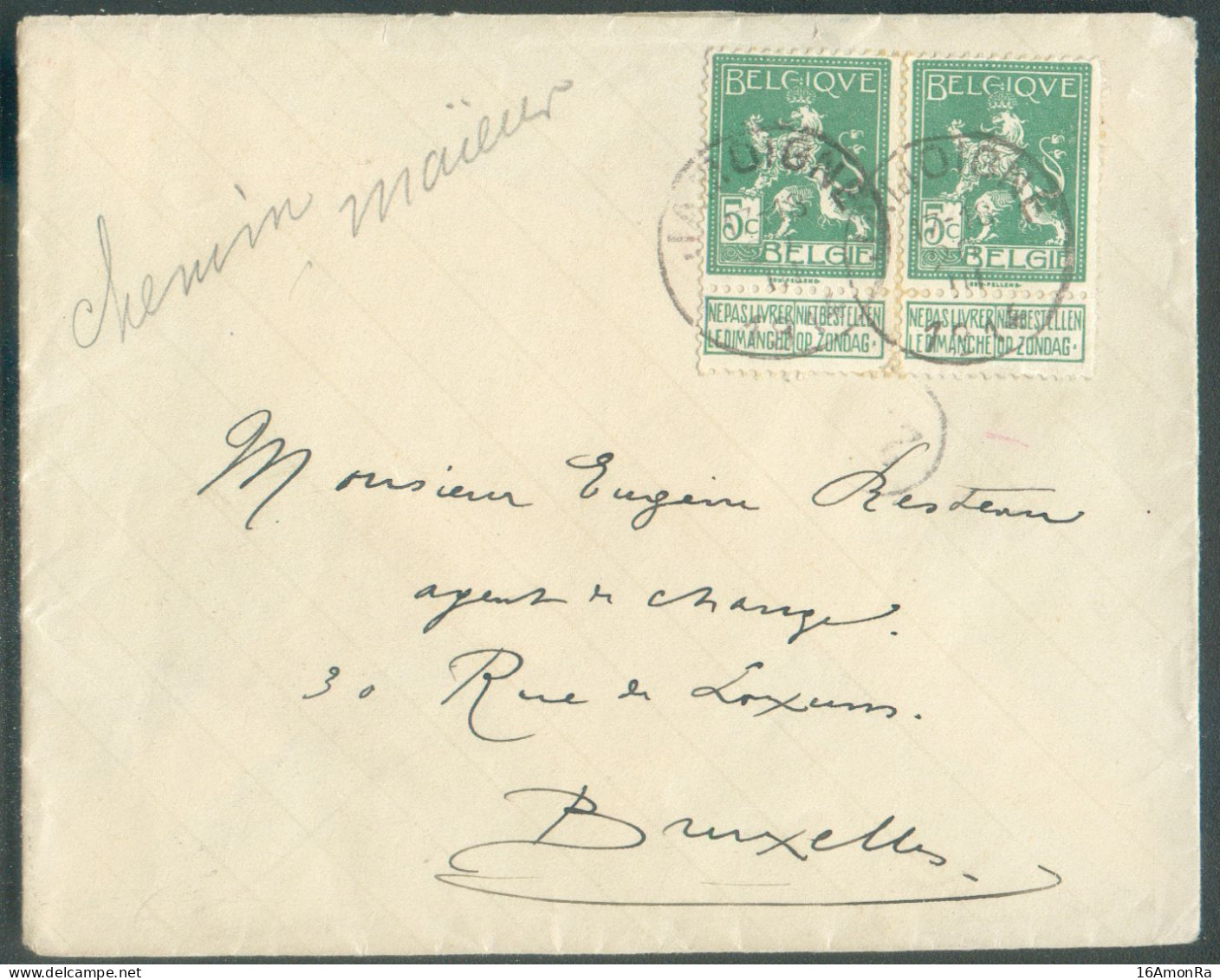 N°110(2) - 5 Cent. PELLENS (paire) Obl. Sc JAMOIGNE Sur Lettre Du 20-III-1914 Vers Bruxelles - 21914 - 1912 Pellens