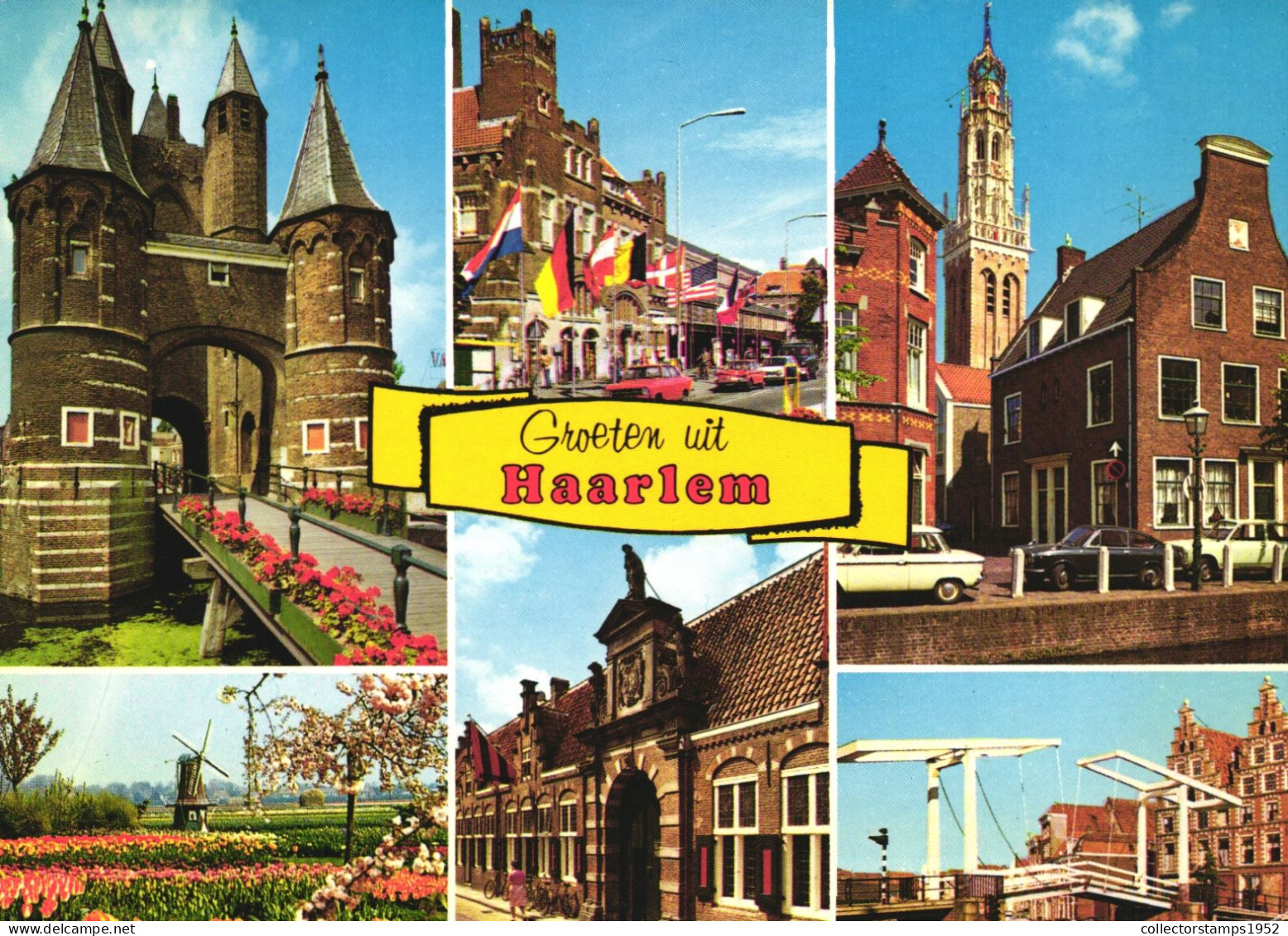 HAARLEM, MULTIPLE VIEWS, ARCHITECTURE, BRIDGE, WINDMILL, FIELD OF FLOWERS, FLAGS, CARS, TOWER, NETHERLANDS, POSTCARD - Haarlem