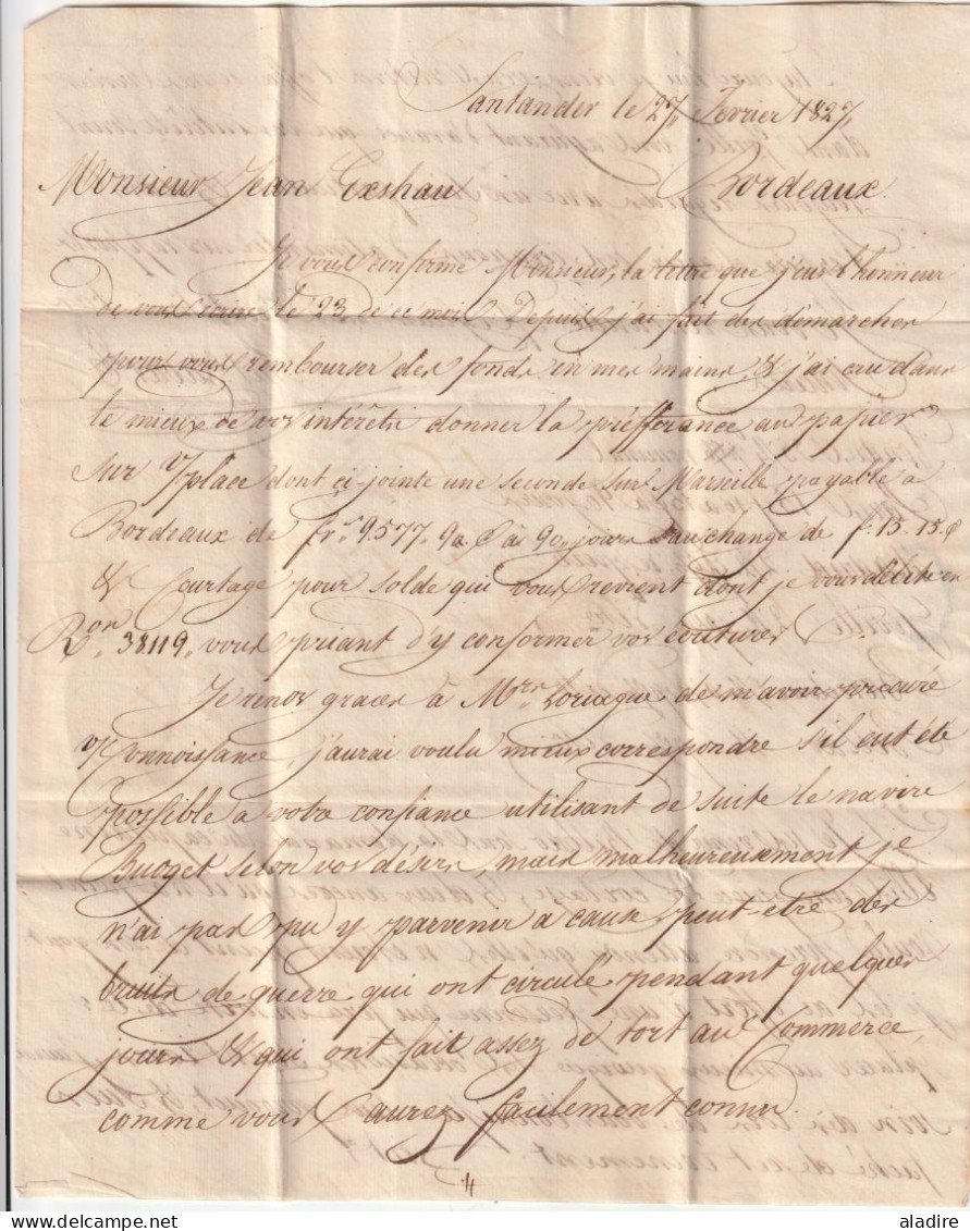 1827 - lettre en français de SANTANDER, Espagne vers BORDEAUX, France - entrée par Bayonne - taxe 8