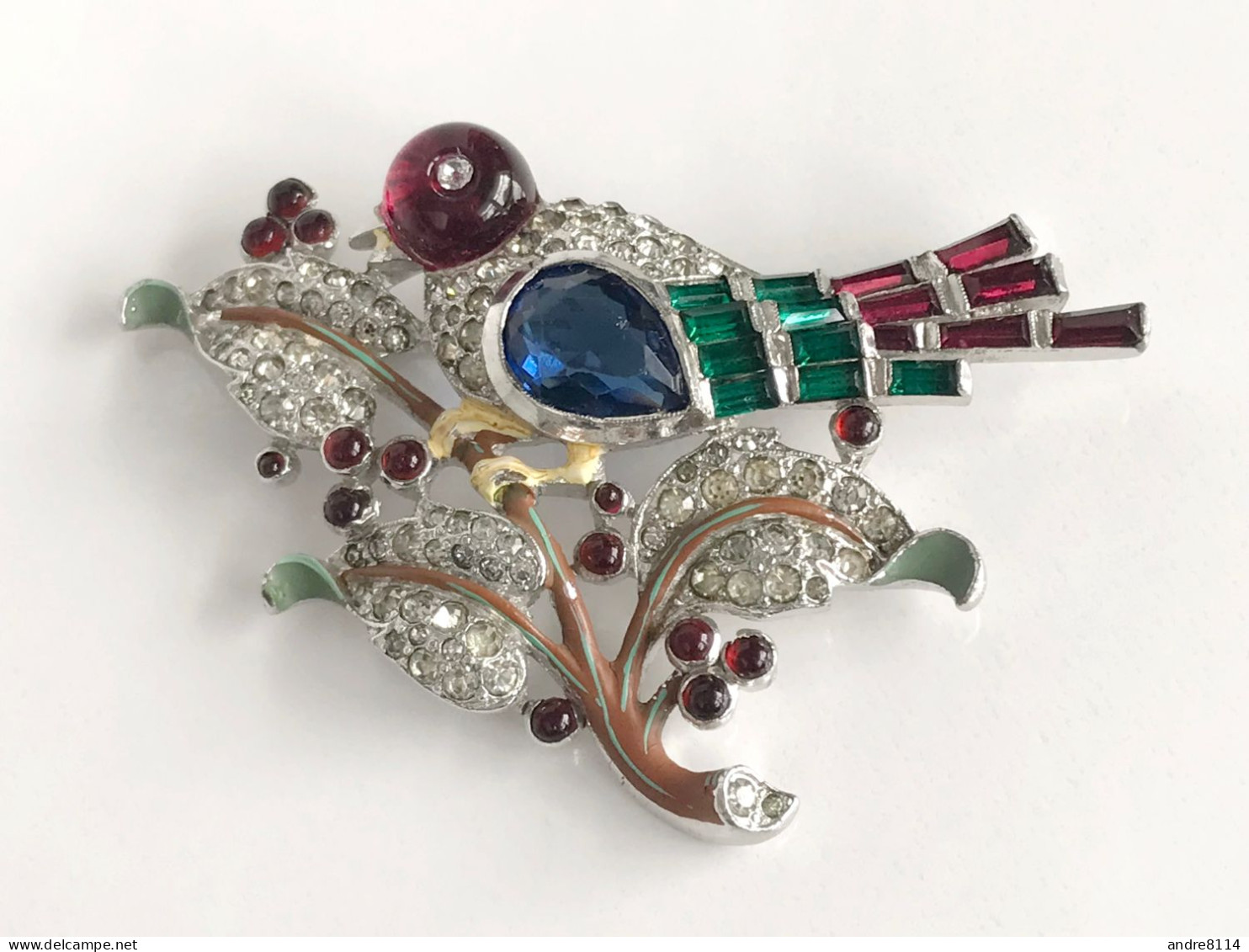 Very Rare Trifari 'Alfred Philippe' 1940's Rhinestones Enameled Bird On Branch Brooch J229 - Brochen