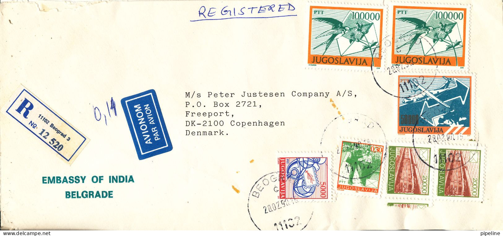 Yugoslavia Registered Cover Sent To Denmark 28-2-1990 Topic Stamps (sent From The Embassy India Belgrade) - Brieven En Documenten