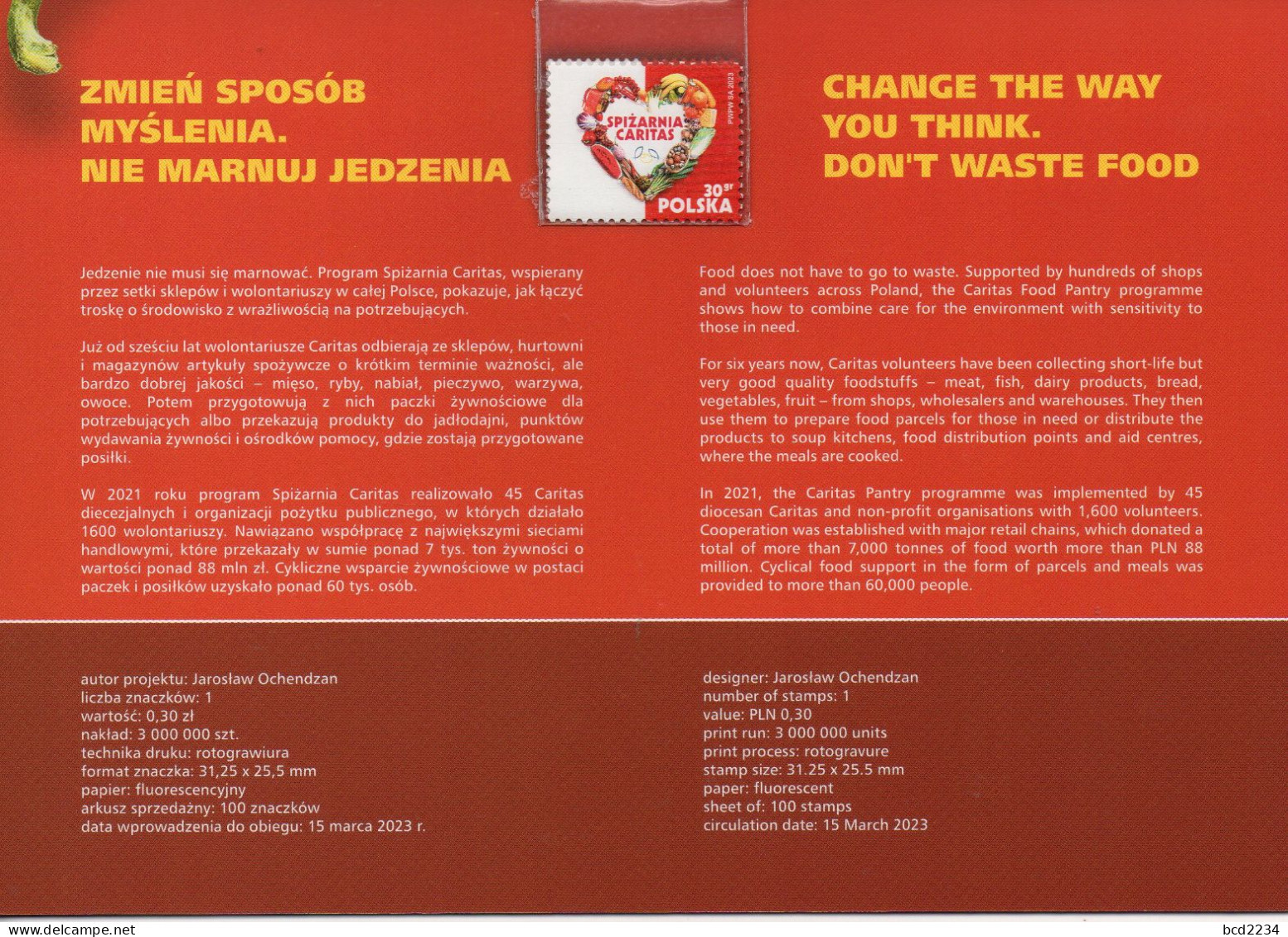 POLAND 2023 POST LIMITED EDITION PHILATELIC FOLDER: CARITAS FOOD PANTRY CHARITY DON'T WASTE FOOD CHANGE YOUR WAYS - Cartas & Documentos