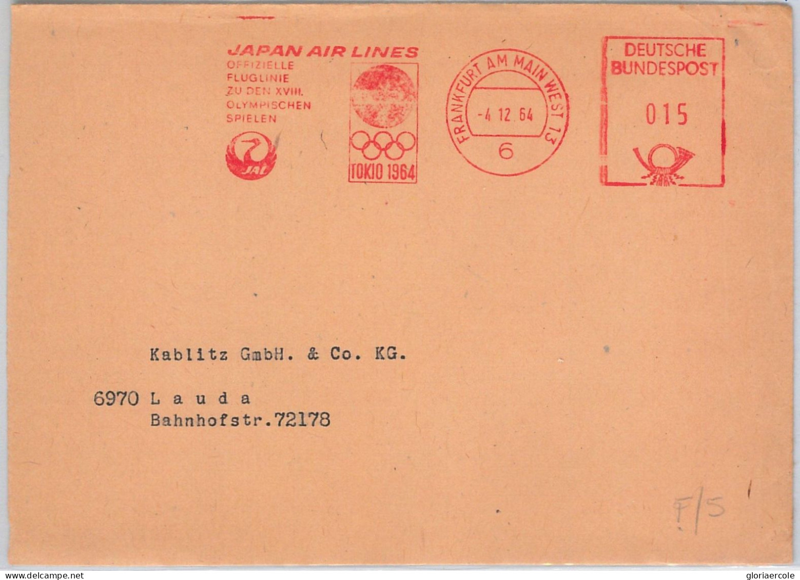 51127 - GERMANY - POSTAL HISTORY - Red Mechanical OLYMPIC Postmark TOKYO 1964 - Ete 1964: Tokyo