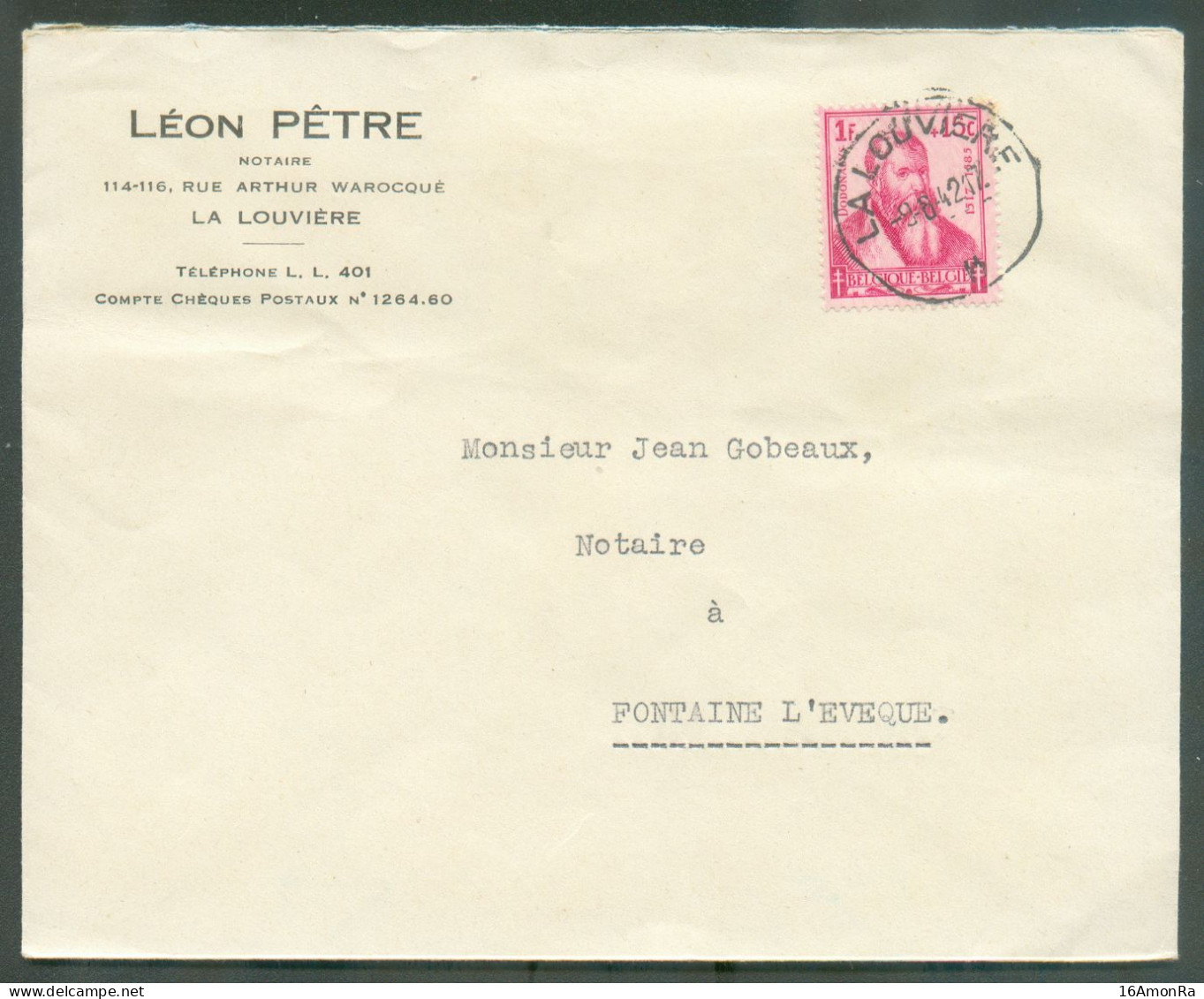 1Fr. SAVANT  DODONALYS Obl. Sc LA LOUVIERE Sur Lettre Du 9-8-1942 Vers Fontaine-l'Evêque - 21920 - Storia Postale