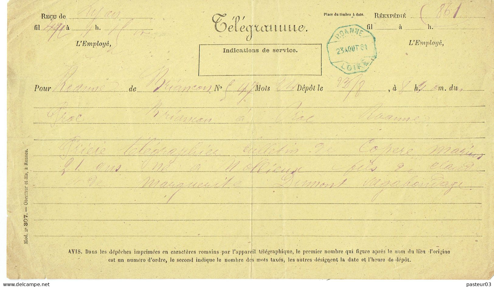 Télégramme Jaune Oblitération De Roanne 25 Août 1881 - Telegraaf-en Telefoonzegels