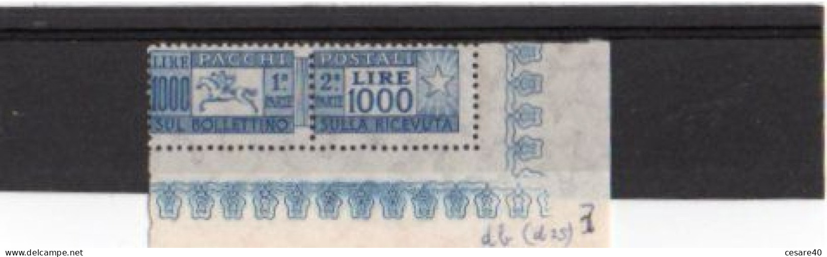 ITALIA - Pacchi Postali 1954 Coppia Di Lie1000 Filigrana A Stella Angolo Di Foglio, Nuovo MNH**  - Nov 2023-14 - Postal Parcels