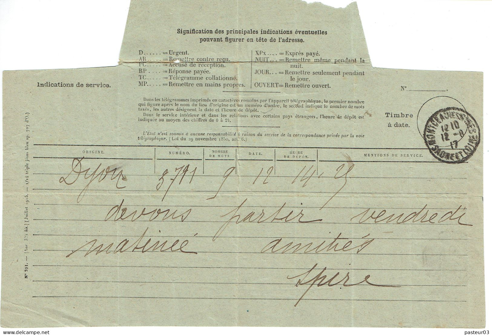 Télégramme  Oblitération De Montceau Les Mines (71) 12-8-1917 - Télégraphes Et Téléphones