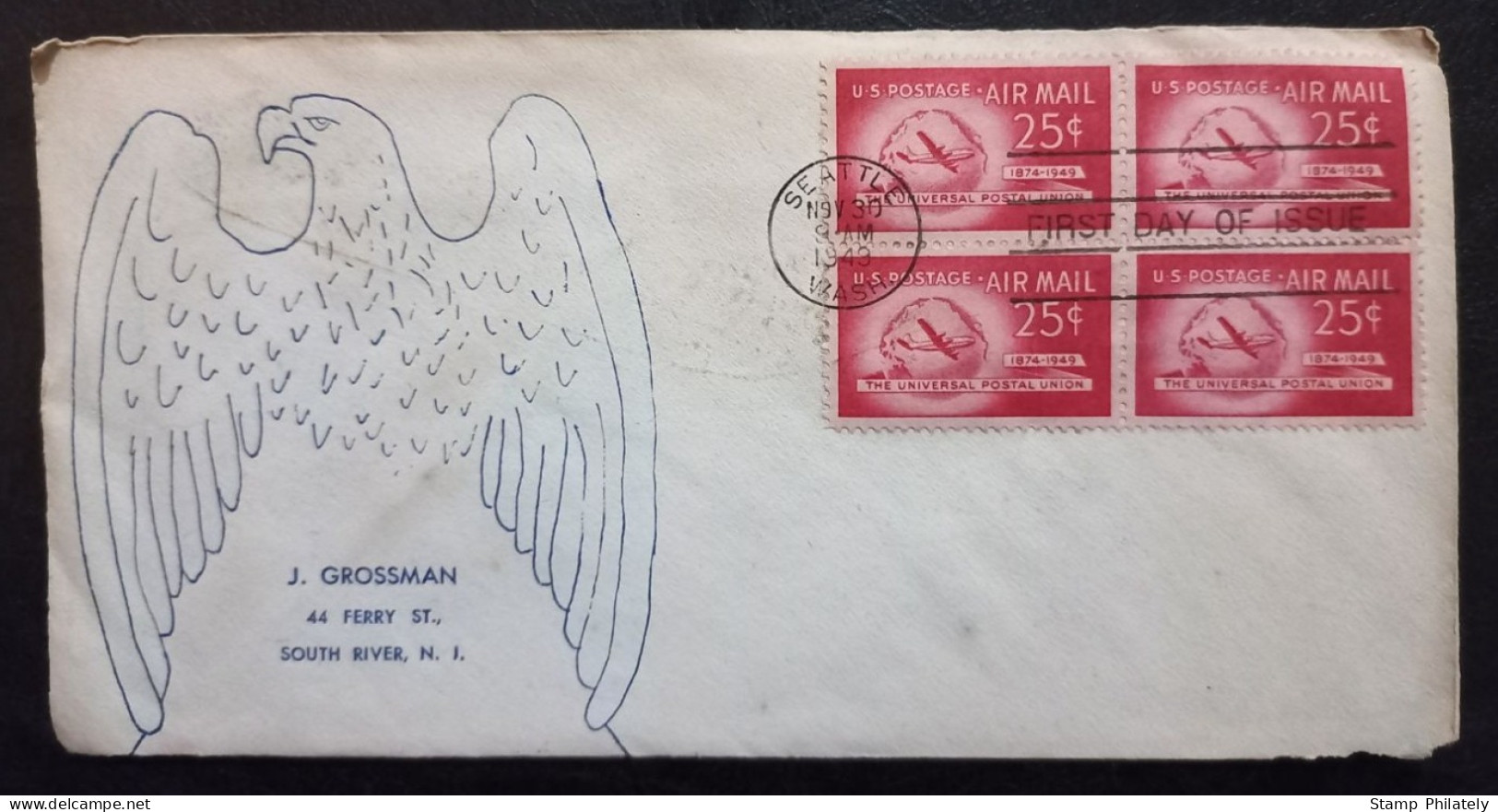 United States FDC Airmail Grossman Cover 1949 Seattle Cancel Block Of Four 25 Cents Stamps - 1941-1950