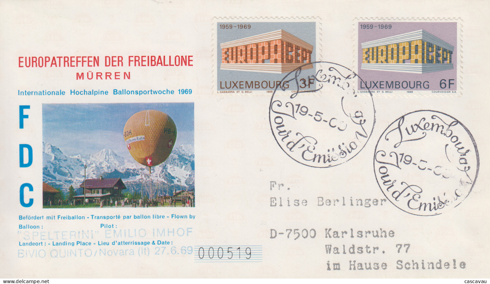 Enveloppe   FDC   1er  Jour    LUXEMBOURG    Transportée  Par   Ballon     Paire   EUROPA    1969 - 1969