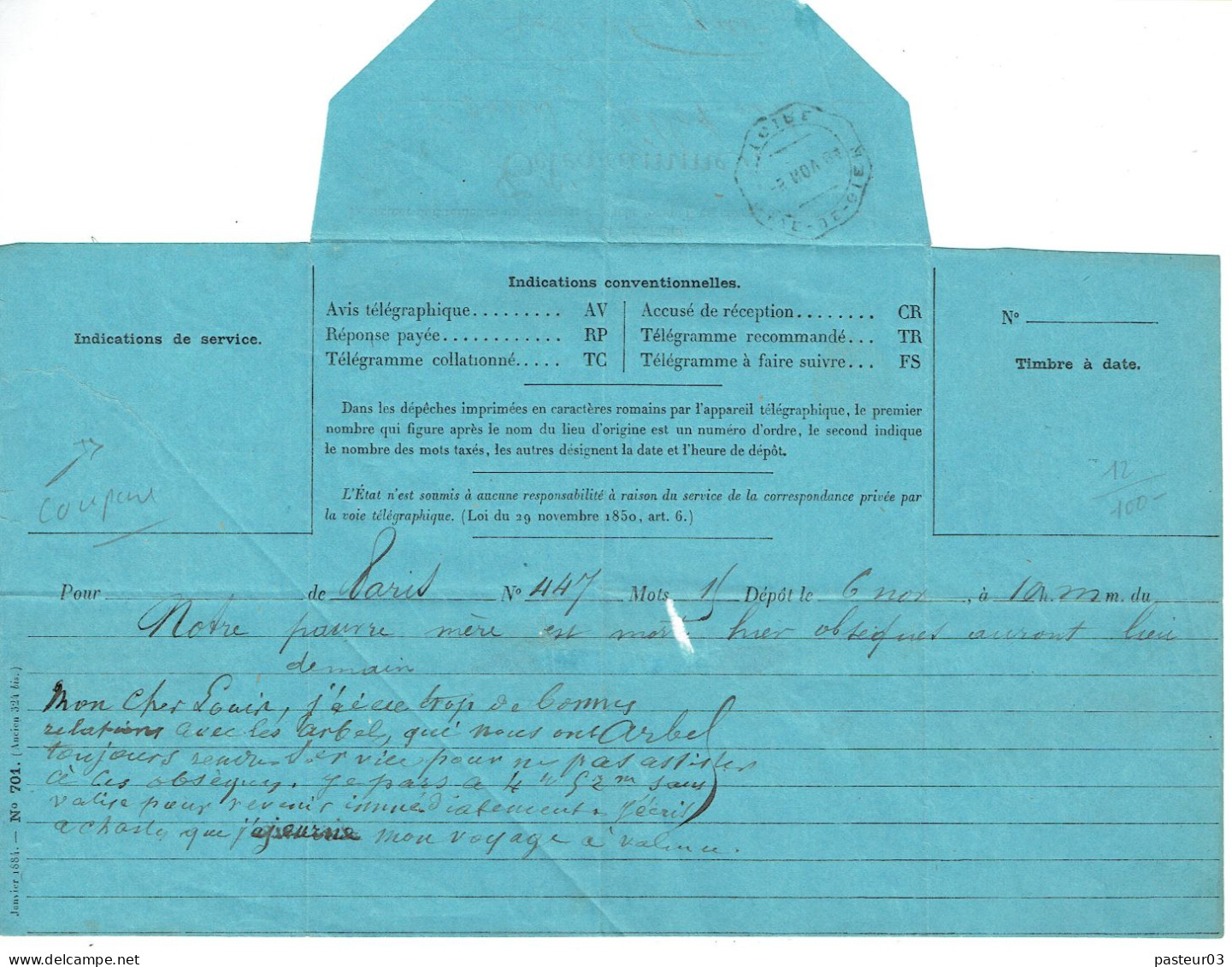 Télégramme  Oblitération De Saint Etienne Central (42) 15 Juillet 1884 - Telegrafi E Telefoni