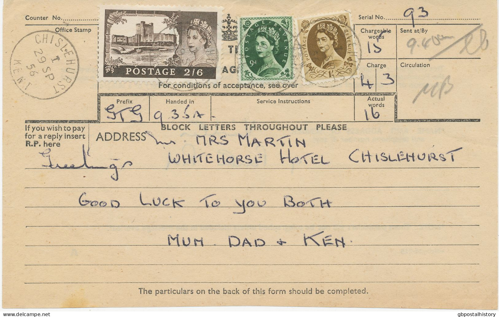 GB 1956, QEII British Castles 2sh6d Together With Wilding 9d And 1sh On Superb Used Telegram Form W. K1 "CHISLEHURST - Briefe U. Dokumente