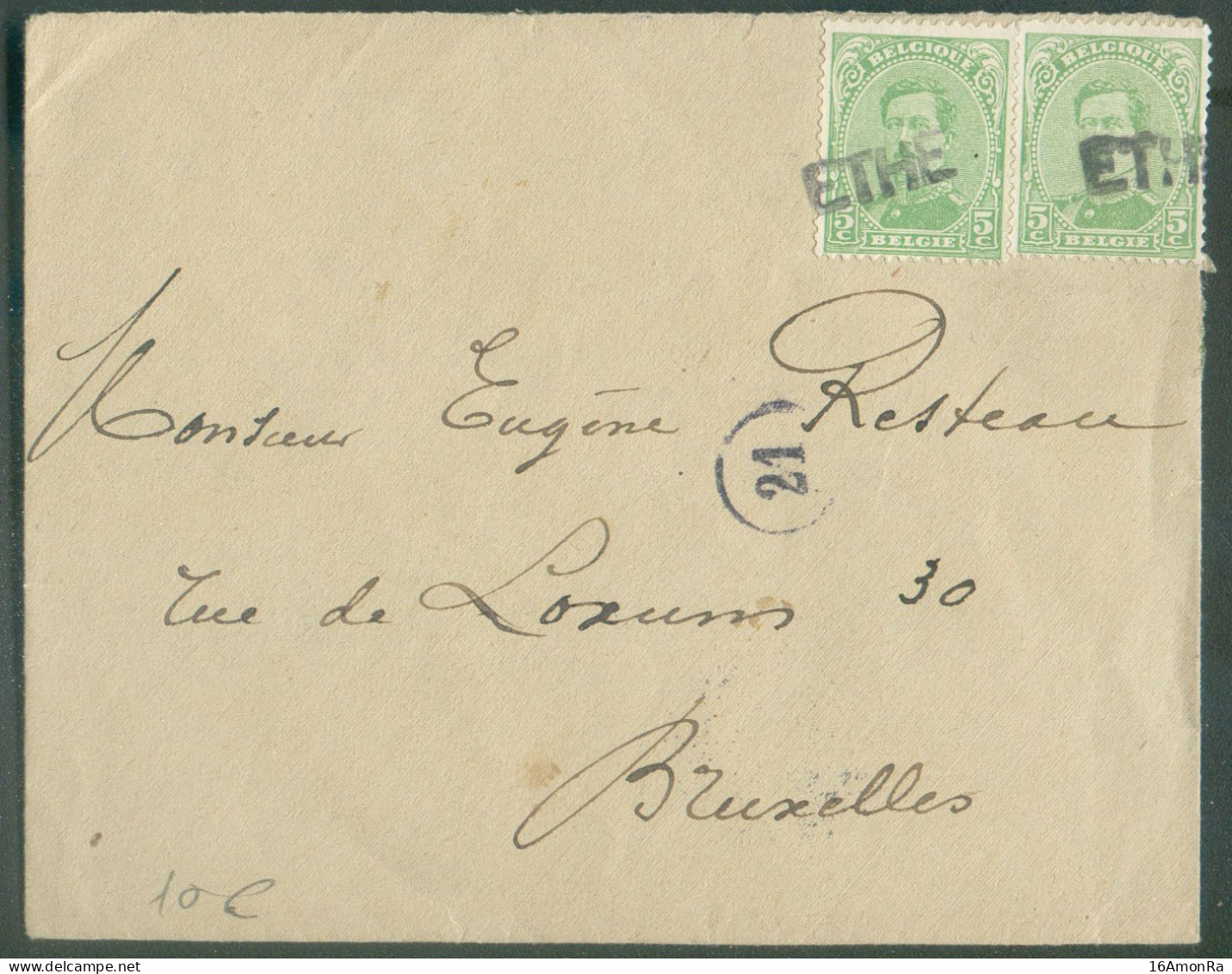 N°137(x2) Annulés Par La Griffe De Fortune De ETHE Sur Enveloppe Vers Bruxelles  - 21928 - Fortune Cancels (1919)