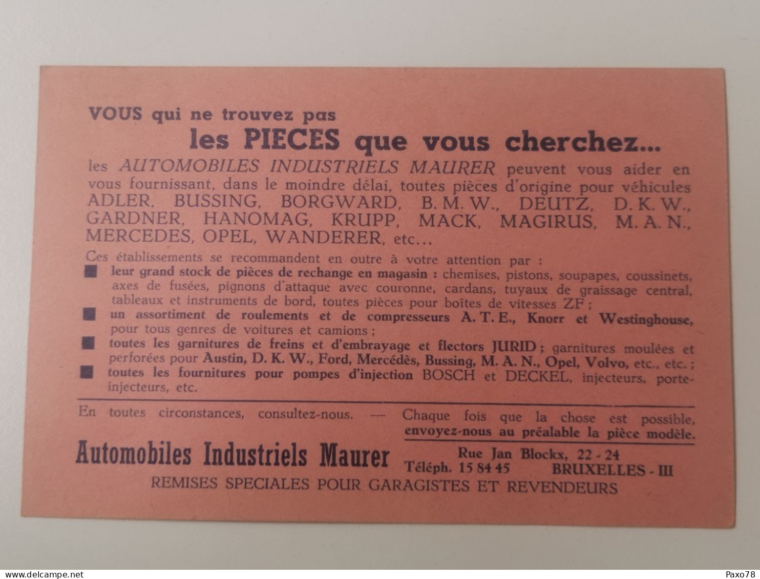 Carte Postale, Publicité, Automobiles Industriels Maurer, Bruxelles - Tarjetas 1909-1934