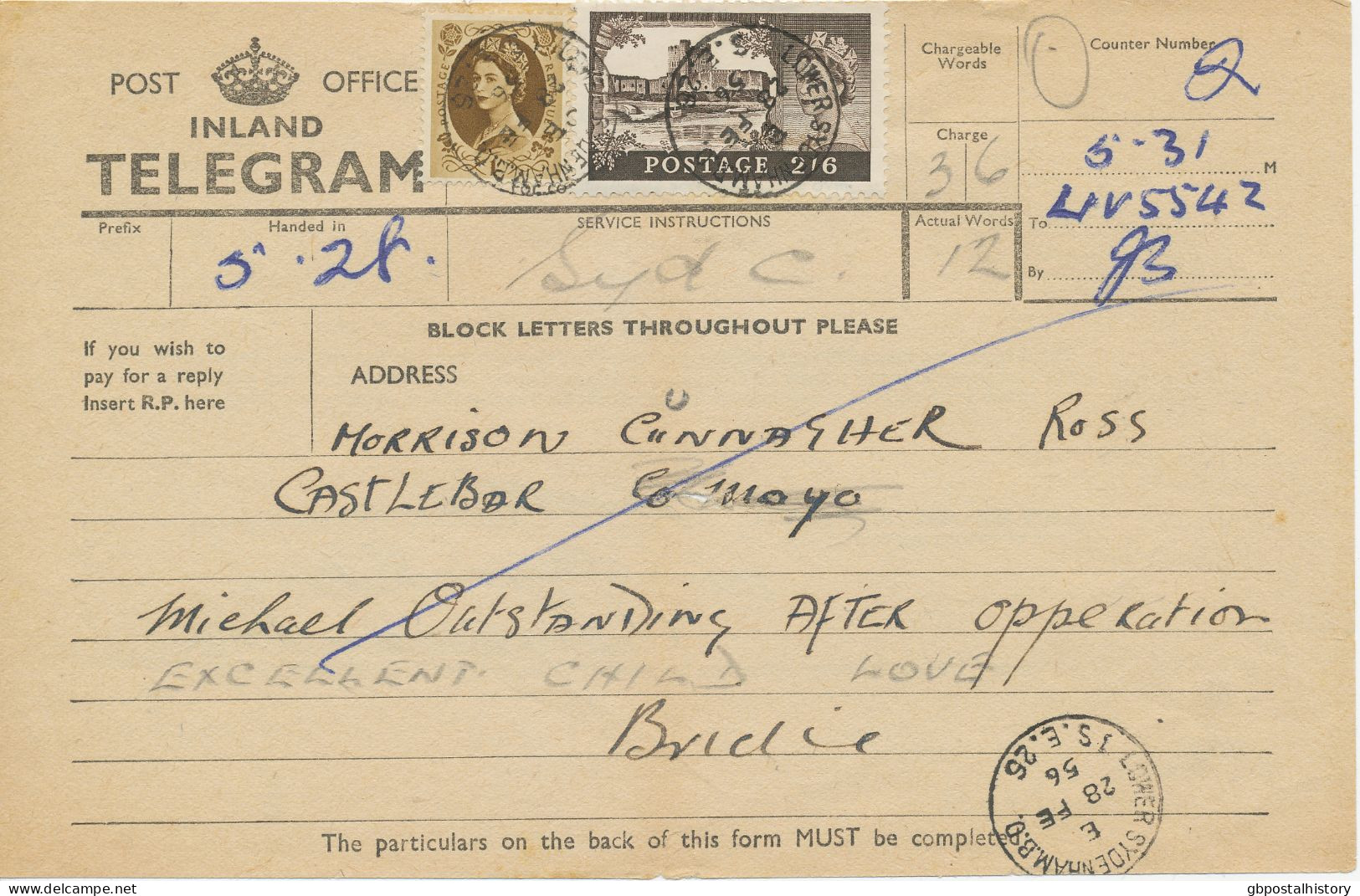 GB 1956, QEII British Castles 2sh6d Together With Wilding 1sh On Telegram Form (nail Hole) W. K1 "S.E. LOWER SYDENHAM - Cartas & Documentos