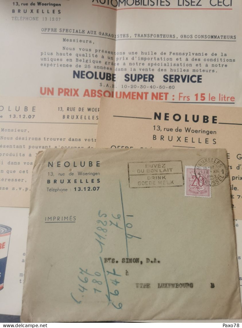 Enveloppe + Documents, Neolube, Huile Pour Moteurs 1953 - Briefe U. Dokumente