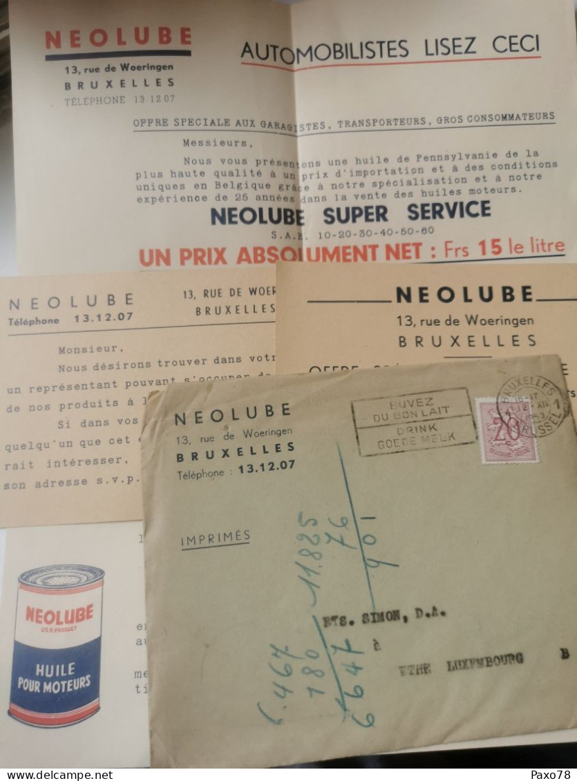 Enveloppe + Documents, Neolube, Huile Pour Moteurs 1953 - Lettres & Documents