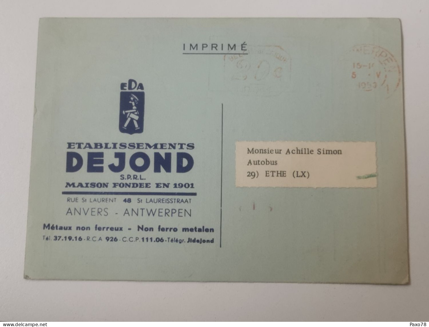 Entier Postaux, Établissements Dejond, Anvers 1953 - Tarjetas 1934-1951