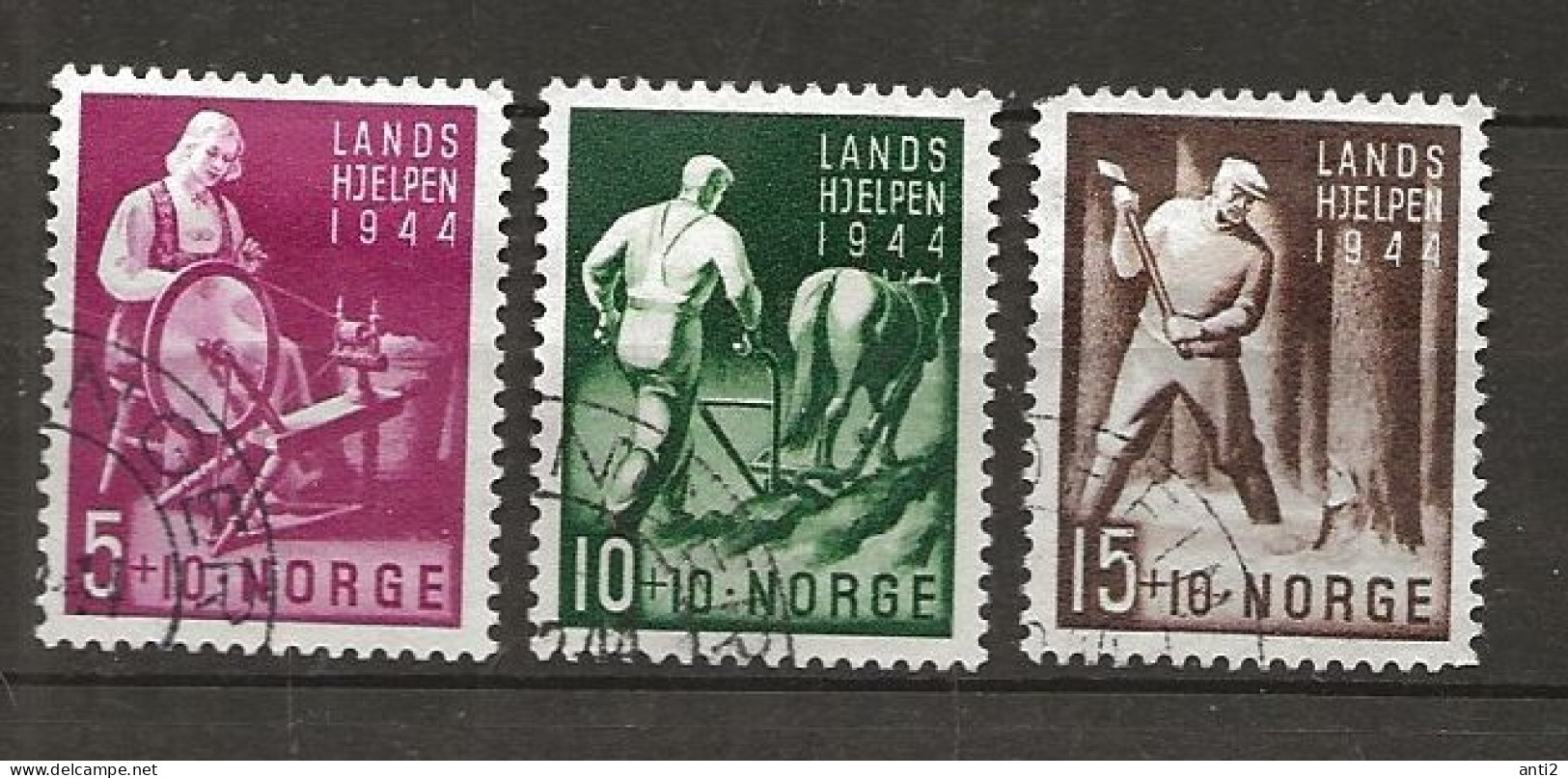 Norway 1944 Norwegian State Aid., Woman Spinning, Farmer With Plow, Lumberjack, Mi 299-301 Cancelled(o) - Oblitérés