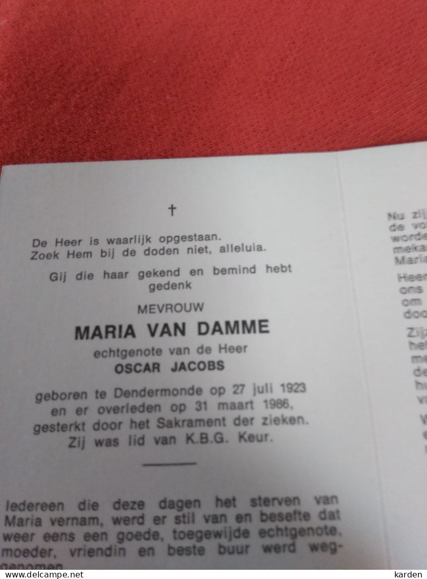 Doodsprentje Maria Van Damme / Dendermonde 27/7/1923 - 31/3/1986 ( Oscar Jacobs ) - Religion & Esotérisme