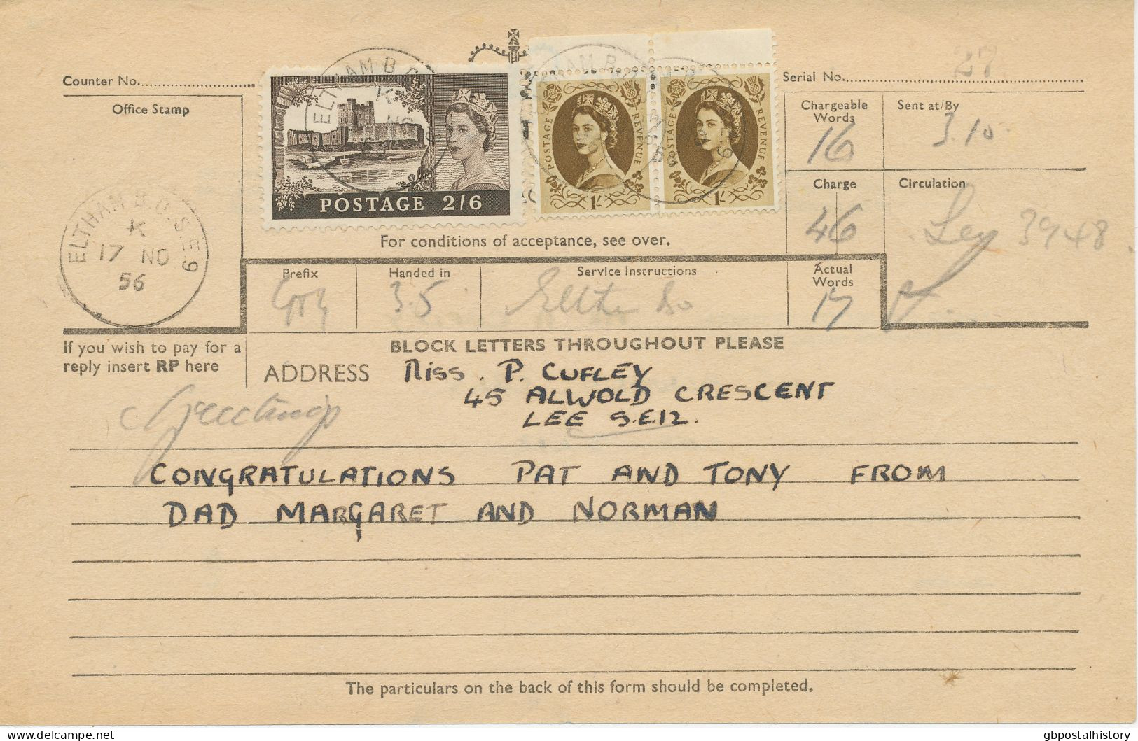 GB 17.11.1956, QEII British Castles 2sh6d (sound Used) W. Wilding 1sh (pair) On Superb Telegram Form W. K1 "ELTHAM B.O.S - Lettres & Documents