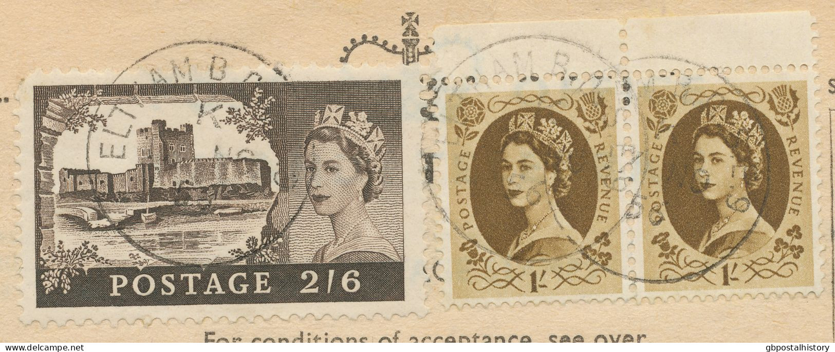 GB 17.11.1956, QEII British Castles 2sh6d (sound Used) W. Wilding 1sh (pair) On Superb Telegram Form W. K1 "ELTHAM B.O.S - Covers & Documents