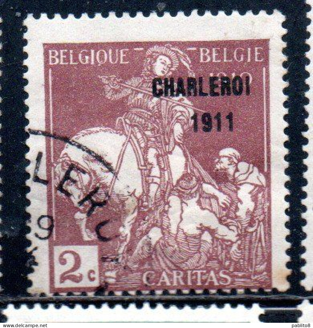 BELGIQUE BELGIE BELGIO BELGIUM OVERPRINTED 1911 CHARLEROY CHARITY CARITAS ST. MARTIN OF TOURS DIVIDING HIS CLOAK 2c USED - 1910-1911 Caritas