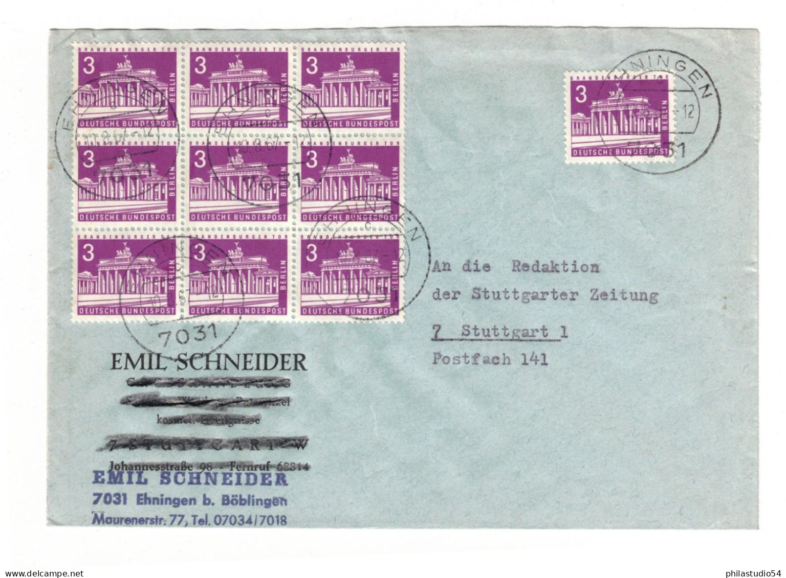 1961, 3 Pf. Bauten 10-mal Auf Fernbrief Von Ehingen Nach Berlin - Zusammendrucke