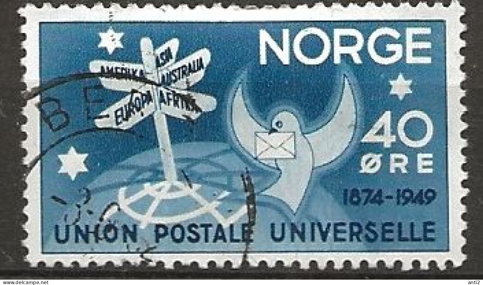 Norway 1949 75th Anniversary Of The Universal Postal Union (UPU). Arrier Pigeon And Signpost Mi 346 Cancelled(o) - Oblitérés