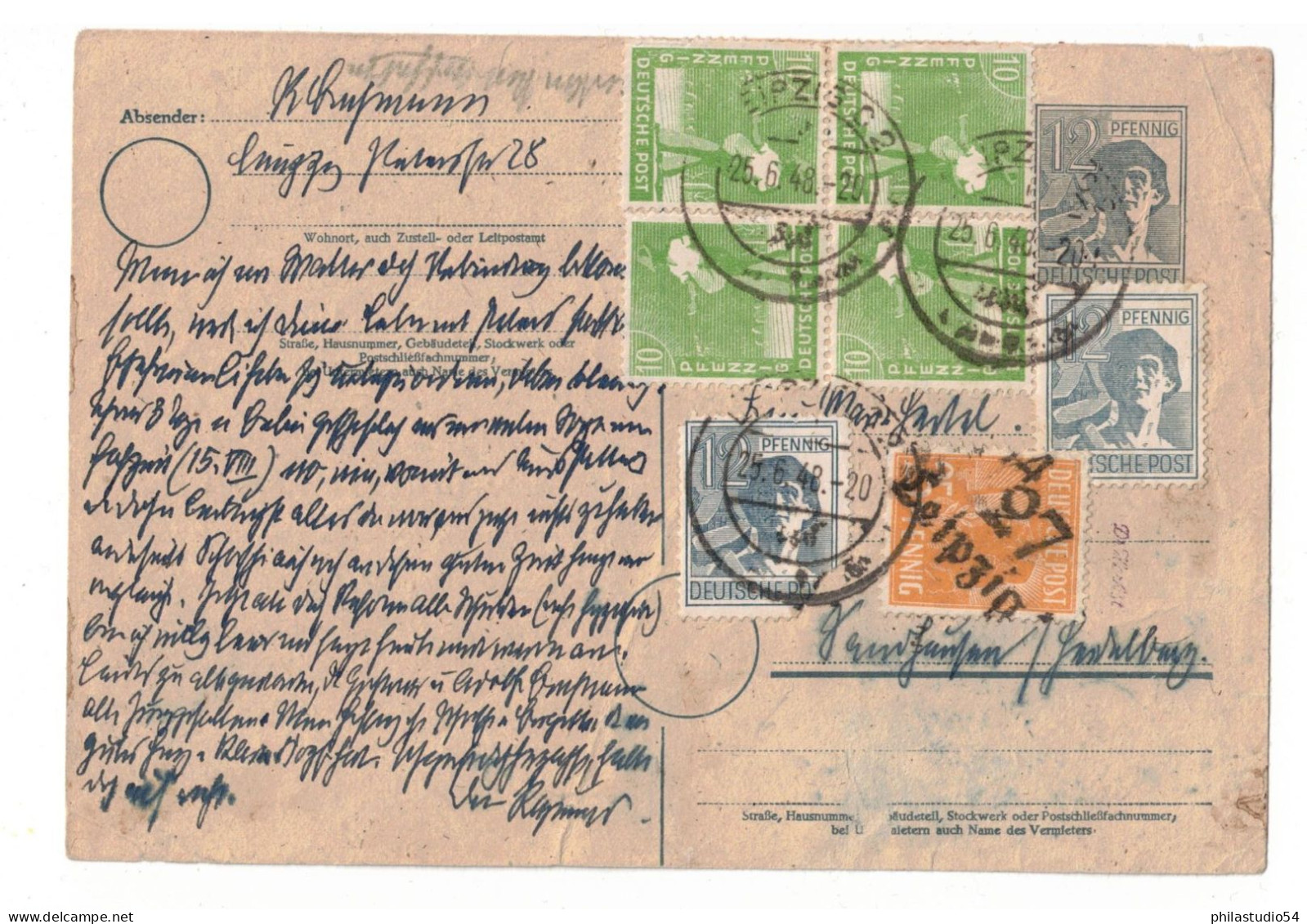 1948, Postkarte Mit 10-fach Frankatur Und 25 Pfg. Bezirkshandstempel Mit Gerechnet. Geprüft - Covers & Documents