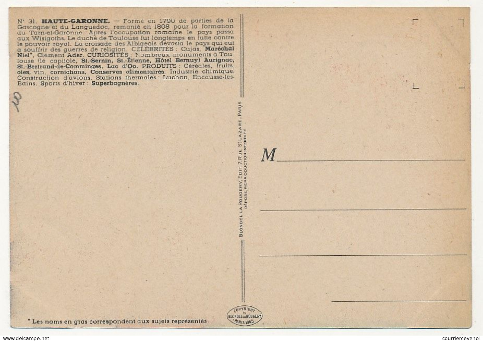 CPSM - HAUTE-GARONNE - Carte Du Département De Haute-Garonne - Blondel La Rougery édit. - 1945 - Autres & Non Classés